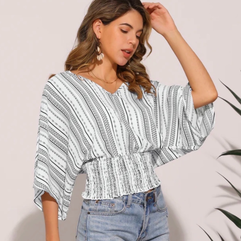 *NWT* Allegra K •V-Neck• Smocked Waist• Chiffon Top